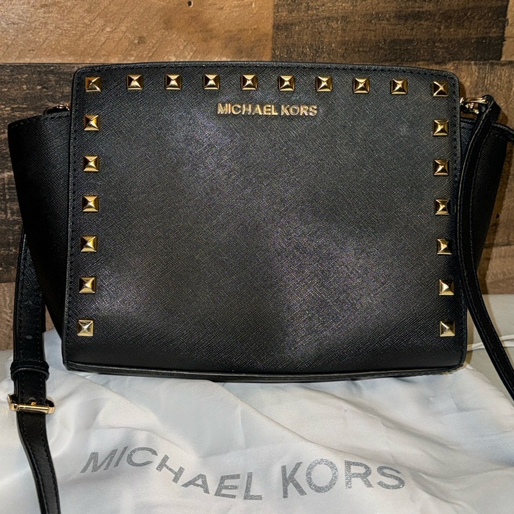 Michael Kors MK Black Studded Rivet Mini Small Sling Crossbody bad Handbag